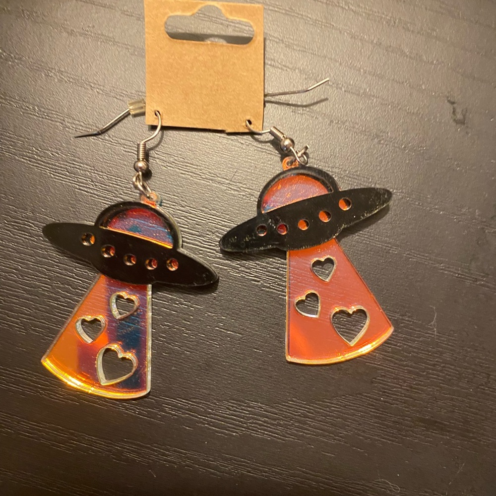 Black & Iridescent Teal/ Pink UFO Flying Saucer 👽Novelty Earrings